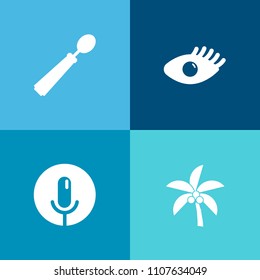 Modern, simple vector icon set on colorful background with branch, music, clean, girl, microphone, young, health, dinner, silhouette, nature, plant, summer, equipment, model, natural, utensil icons