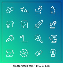 Modern, simple vector icon set on gradient background with chess, winner, aircraft, baja, route, discount, air, sale, achievement, navigation, blue, trash, hyperlink, waste, tool, place, mexico icons