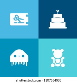 Modern, simple vector icon set on colorful background with template, bear, tasty, cute, banner, pastry, cream, fur, fun, childhood, fluffy, gift, animal, paper, space, price, delicious, humanoid icons