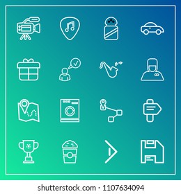 Modern, simple vector icon set on gradient background with business, car, drink, victory, microphone, coffee, food, pin, right, machine, arrow, navigation, point, tripod, camera, salt, spice icons