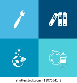 Modern, simple vector icon set on colorful background with housework, business, file, data, art, broom, space, office, sponge, domestic, document, cosmos, paintbrush, exploration, drawing, paint icons