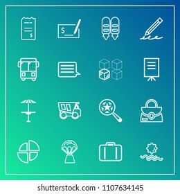 Modern, simple vector icon set on gradient background with nature, sign, graph, check, bag, sunrise, baggage, money, education, airport, style, business, air, pencil, tipper, finance, dumper,  icons