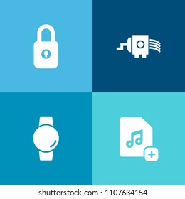 Modern, simple vector icon set on colorful background with cuisine, document, protection, healthy, watch, object, gadget, internet, touch, steel, safe, grater, technology, file, cheese, video icons