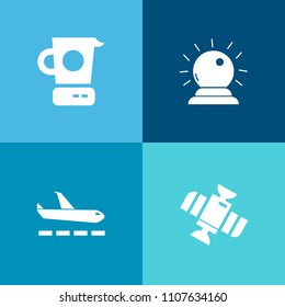 Modern, simple vector icon set on colorful background with home, rocket, world, sorcery, star, luggage, tool, station, food, spaceship, magic, transport, hat, fantasy, planet, knife, technology icons