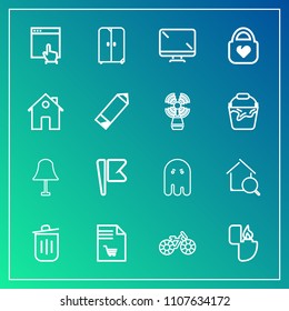 Modern, simple vector icon set on gradient background with flame, electricity, display, cycle, horror, can, fear, trash, market, list, america, website, screen, halloween, estate, furniture, web icons