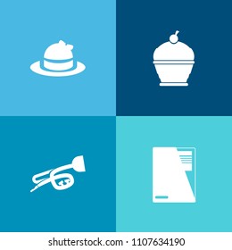 Modern, simple vector icon set on colorful background with bakery, paper, sport, fashion, sound, file, classical, pastry, concert, page, tasty, clothing, jazz, food, delicious, object, head, pie icons