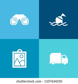 Modern, simple vector icon set on colorful background with belt, photograph, frame, zoom, binocular, optical, cargo, shipping, white, web, spy, transport, picture, service, image, camera, safety icons