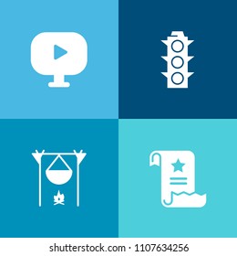 Modern, simple vector icon set on colorful background with flame, light, business, internet, music, bonfire, digital, firewood, page, media, lamp, video, safety, button, web, player, stop, color icons