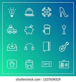 Modern, simple vector icon set on gradient background with book, house, download, sea, style, concept, musical, object, guitar, coupon, web, sign, bag, sound, music, yacht, idea, drone, high icons