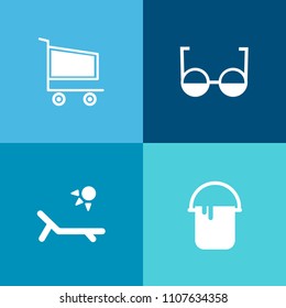 Modern, simple vector icon set on colorful background with modern, vision, style, cart, beach, buy, lens, worker, house, color, roller, spectacles, frame, optical, commerce, store, market, wall icons