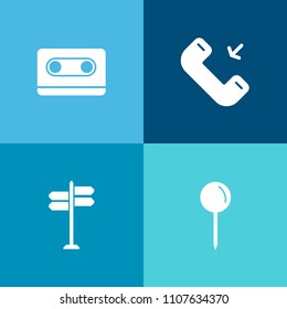 Modern, simple vector icon set on colorful background with traffic, incoming, cassette, stereo, app, recorder, phone, place, mobile, sound, sign, web, call, 80s, point, music, retro, old, arrow icons