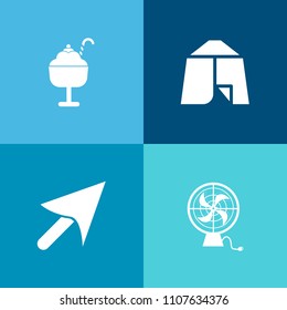 Modern, simple vector icon set on colorful background with click, nature, ventilator, flavor, tourism, air, ice, cooler, adventure, sweet, green, vacation, pointer, electric, hiking, finger, web icons