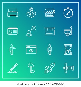 Modern, simple vector icon set on gradient background with hour, key, bedroom, bed, vintage, web, lock, white, double, pencil, nautical, people, ship, computer, metal, space, aircraft, internet icons
