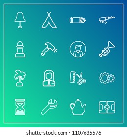 Modern, simple vector icon set on gradient background with travel, tropical, business, electricity, tent, hair, soccer, lamp, tea, equipment, leaf, job, adventure, sport, interior, spanner, hot icons