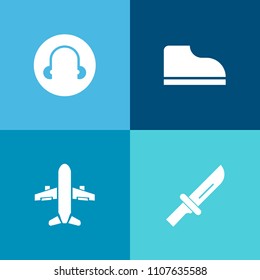 Modern, simple vector icon set on colorful background with element, restaurant, dinner, black, music, kitchen, knife, steel, concept, shoe, airplane, meal, jet, object, metal, style, aircraft icons
