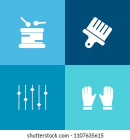 Modern, simple vector icon set on colorful background with equality, guitar, violin, art, protection, trumpet, clothing, acoustic, glove, equipment, gender, instrument, drum, saxophone, graphic icons