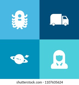 Modern, simple vector icon set on colorful background with monster, fiction, futuristic, creature, humanoid, delivery, fantasy, galaxy, cosmos, alien, shipping, ufo, style, fashion, planet, girl icons