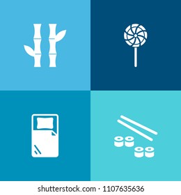 Modern, simple vector icon set on colorful background with lollipop, sushi, sugar, colorful, leaf, rice, raw, bed, white, asian, stick, fish, japan, natural, asia, tropical, food, lolly, bamboo icons