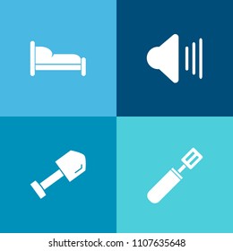 Modern, simple vector icon set on colorful background with cooking, household, technology, blue, button, loud, house, interior, volume, food, hammer, sign, drill, construction, bed, building, up icons