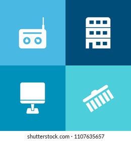 Modern, simple vector icon set on colorful background with technology, stroke, microphone, computer, bank, business, screen, studio, city, retro, hotel, media, laptop, equipment, collection, pc icons