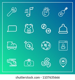 Modern, simple vector icon set on gradient background with location, spanner, equipment, camera, fan, wrench, casino, photography, musical, luck, risk, melody, decorative, transportation, air icons