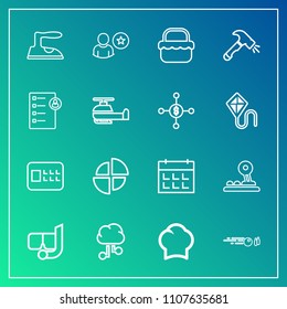 Modern, simple vector icon set on gradient background with graph, chef, day, strike, communication, business, food, clothes, ironing, chief, cloud, network, pie, bank, lock, internet, hobby, hit icons
