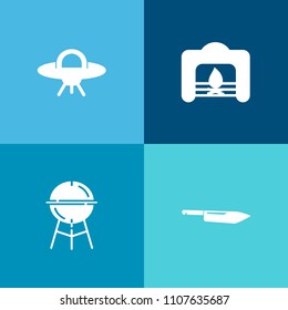 Modern, simple vector icon set on colorful background with cooking, room, dinner, ufo, restaurant, house, fire, red, technology, winter, wood, food, space, barbecue, galaxy, spaceship, charcoal icons