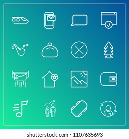 Modern, simple vector icon set on gradient background with money, train, board, musical, phone, skate, refresh, skateboard, person, photo, quality, sound, message, scenery, home, purse, finance icons