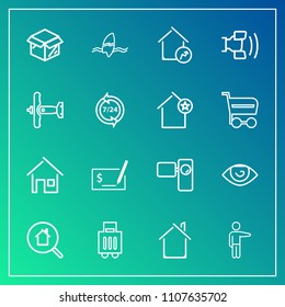 Modern, simple vector icon set on gradient background with telephone, luggage, airport, tripod, bag, hand, surf, unpacking, home, property, airplane, house, ocean, increase, online, search, cell icons