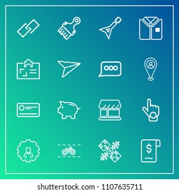 Modern, simple vector icon set on gradient background with global, satellite, white, bank, shop, account, cheque, hyperlink, curtain, business, sale, finance, personal, mobile, communication, id icons