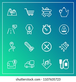 Modern, simple vector icon set on gradient background with hotel, sound, download, cancel, modern, cart, lorry, emergency, explosion, safety, road, projection, location, transportation, danger icons