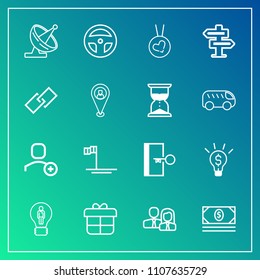 Modern, simple vector icon set on gradient background with medicine, account, people, box, present, technology, worker, decoration, communication, coin, business, holiday, web, escape, cash icons