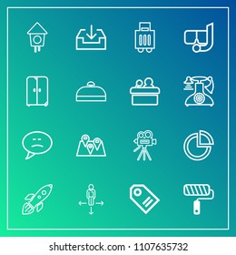 Modern, simple vector icon set on gradient background with price, retro, home, speech, location, direction, house, label, roll, space, rocket, shuttle, message, camera, travel, pin, tool, chat icons
