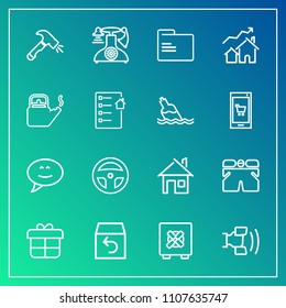 Modern, simple vector icon set on gradient background with office, safety, chat, decoration, estate, vintage, template, fashion, return, tool, medicine, message, bank, folder, old, order, house icons