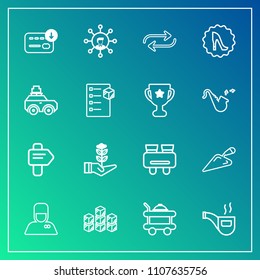 Modern, simple vector icon set on gradient background with display, communication, bed, spy, construction, business, growth, service, food, bag, vintage, industrial, distribution, retro, nature icons