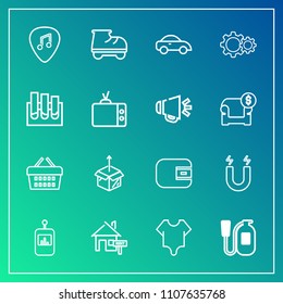 Modern, simple vector icon set on gradient background with bodysuit, property, box, roller, magnetic, white, package, field, new, remote, house, beautiful, pole, girl, finance, button, equipment icons