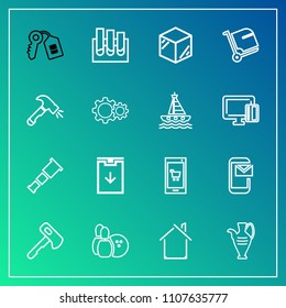 Modern, simple vector icon set on gradient background with packaging, key, estate, app, security, pin, house, building, hammer, door, axe, product, astronomy, ball, analysis, bowling, laboratory icons