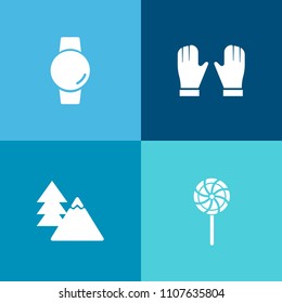 Modern, simple vector icon set on colorful background with trunk, stick, wireless, pine, display, plant, clothing, striped, equipment, color, lollipop, glove, forest, technology, food, lolly icons