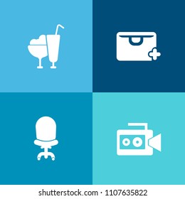Modern, simple vector icon set on colorful background with room, cart, commerce, armchair, cream, home, video, interior, professional, lens, chair, vanilla, ice, tasty, bag, food, sign, handle icons