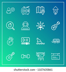 Modern, simple vector icon set on gradient background with location, liquid, business, thermometer, banner, vehicle, guitar, post, blank, scale, temperature, video, fitness, interface, tv, water icons