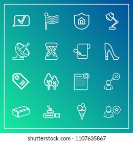 Modern, simple vector icon set on gradient background with tree, material, internet, ocean, cream, forest, house, construction, sweet, nature, real, home, document, label, national, business icons