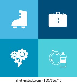 Modern, simple vector icon set on colorful background with sport, graphic, skate, bloom, sponge, broom, cleaner, summer, aid, boot, hospital, household, flower, petal, spring, medical, clean icons