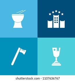 Modern, simple vector icon set on colorful background with drum, achievement, construction, service, equipment, place, ribbon, luggage, acoustic, prize, bath, repair, wrench, screwdriver, key icons