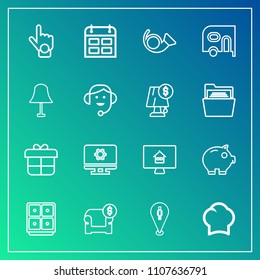 Modern, simple vector icon set on gradient background with bugle, modern, cook, decoration, computer, gift, trumpet, property, economy, setting, index, bank, sofa, calendar, chief, day, pin, map icons
