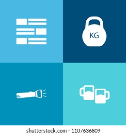 Modern, simple vector icon set on colorful background with web, mug, lifting, sign, news, object, pint, computer, glass, radio, weight, cold, lager, newspaper, electric, light, tool, element icons