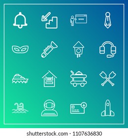 Modern, simple vector icon set on gradient background with cart, tie, ship, shuttle, canoe, water, launch, boat, web, cosmonaut, notification, astronaut, hotel, business, alarm, go, alert, sea icons
