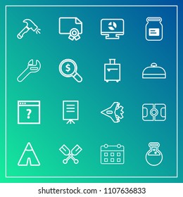 Modern, simple vector icon set on gradient background with plane, diploma, schedule, web, business, frame, technology, aircraft, camp, soccer, pitch, travel, award, outdoor, internet, people icons