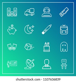 Modern, simple vector icon set on gradient background with home, ghost, fear, interior, communication, delivery, people, presentation, business, meeting, spacesuit, package, pencil, vehicle, box icons