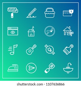 Modern, simple vector icon set on gradient background with roll, water, pen, cash, business, housework, iron, clothes, grass, melody, sink, summer, internet, guitar, utensil, hand, write, ribbon icons