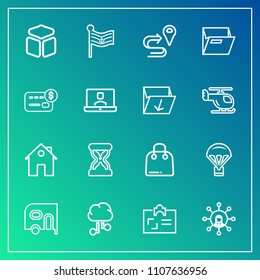Modern, simple vector icon set on gradient background with jump, display, nation, estate, buy, sky, screen, white, hour, america, car, property, home, location, retail, timer, communication, van icons